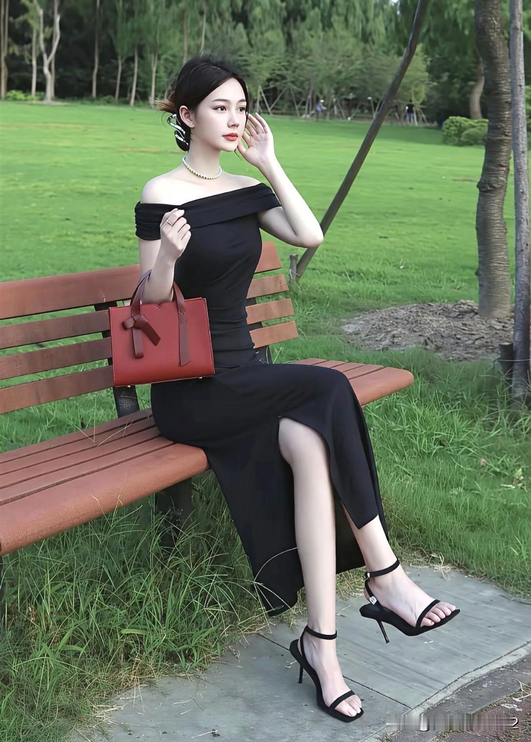 优雅黑裙，绿意公园，时尚随行