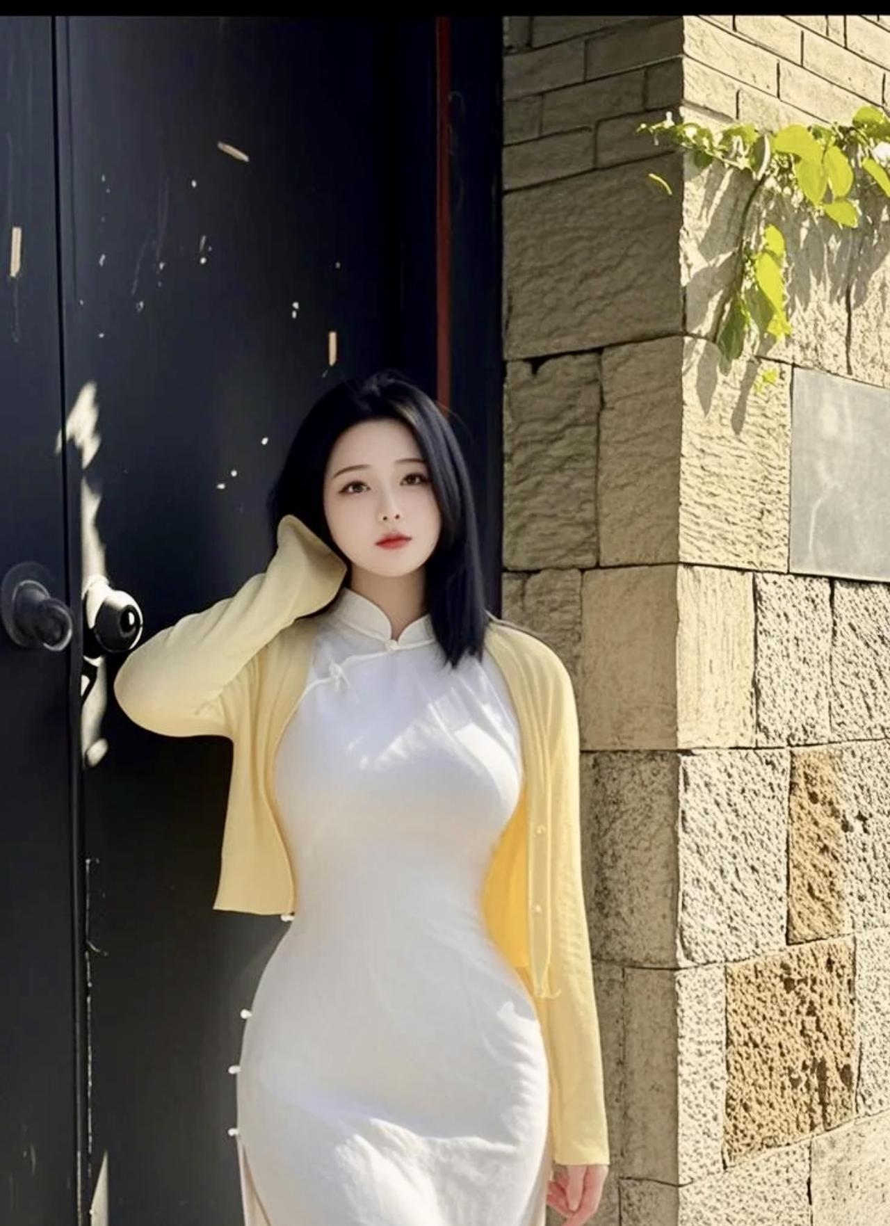 七律·走出大院的女孩素旗袍韵逸清姿，浅杏开衫映日时。乌发如丝添秀色，朱唇似火