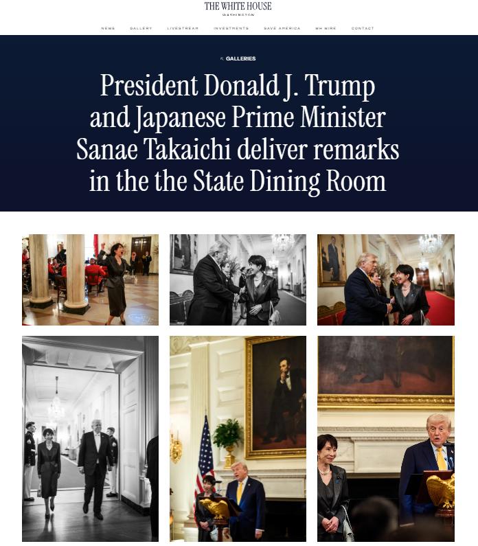 美国白宫发布了高市早苗获得特朗普接见的官方图片。这类照片属于纪实类，也是我喜欢