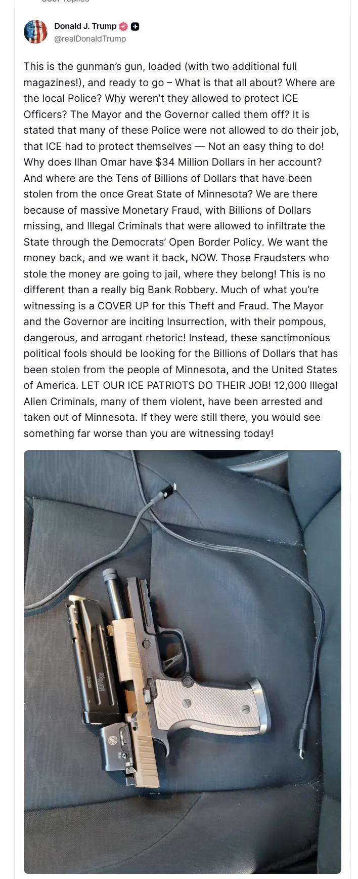 美国总统老特在“真实社交”上发帖力挺ICE在明尼苏达州明尼阿波利斯做得对。老特完