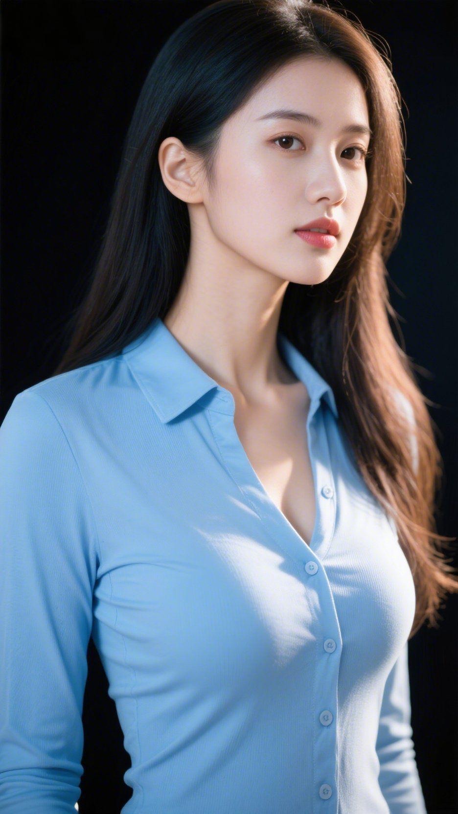 淡蓝衬里的静光墨色背景裹着轻悄的暗，她身侧的淡蓝像浸了晨雾的软。衬衫领角垂