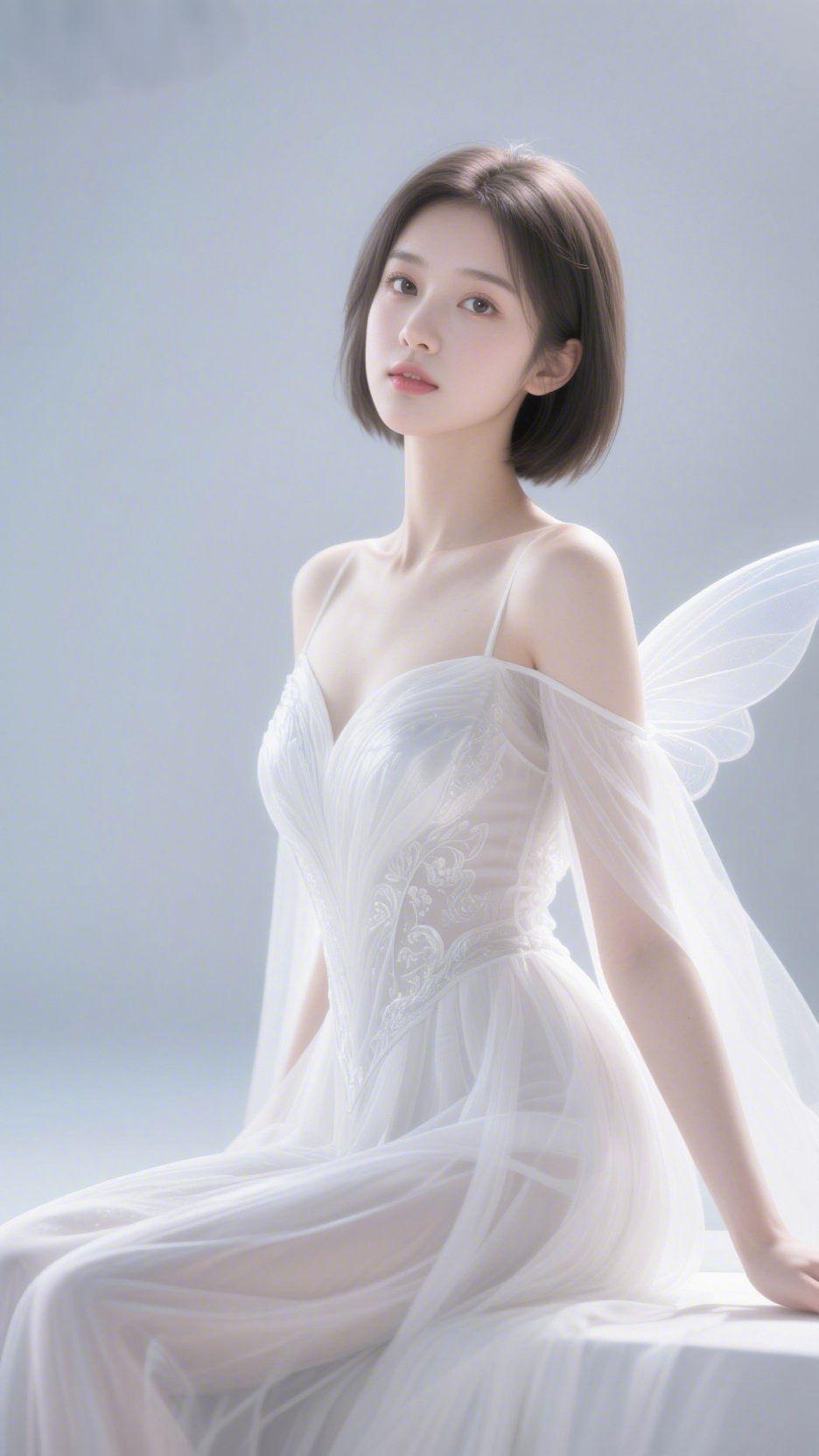 《白纱间的清柔灵意》她静坐在浅柔的光影里，白纱裙舒展妥帖，轻纱似的肩袖随身