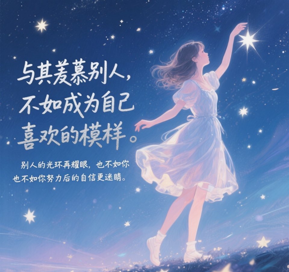 与其羡慕别人，不如成为自己喜欢的模样。别人的光环再耀眼，也不如你努力后的自信更迷