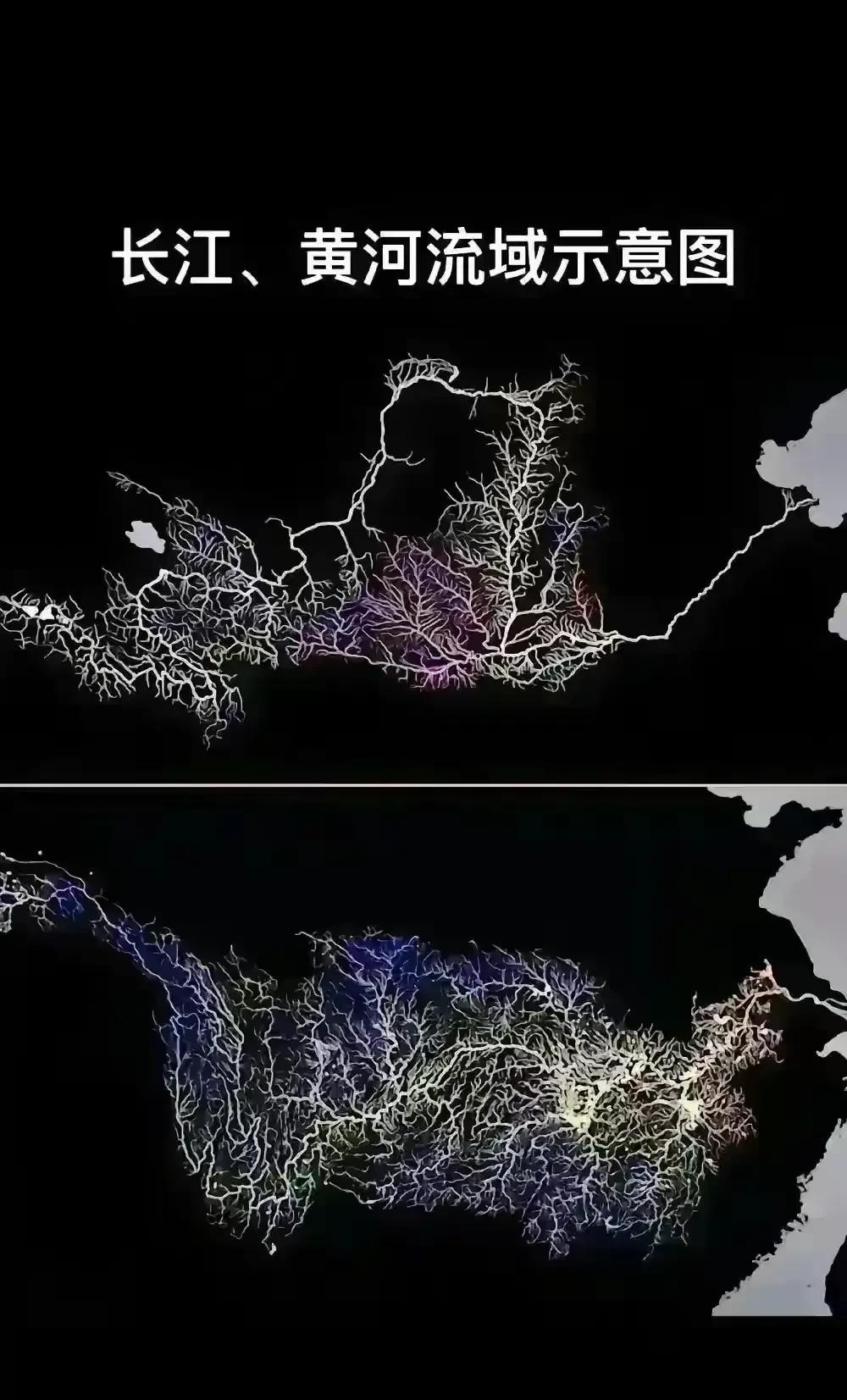 通过长江和黄河流域对比，发现长江是全程之流众多，其中不乏大江大河，水量充沛，反观