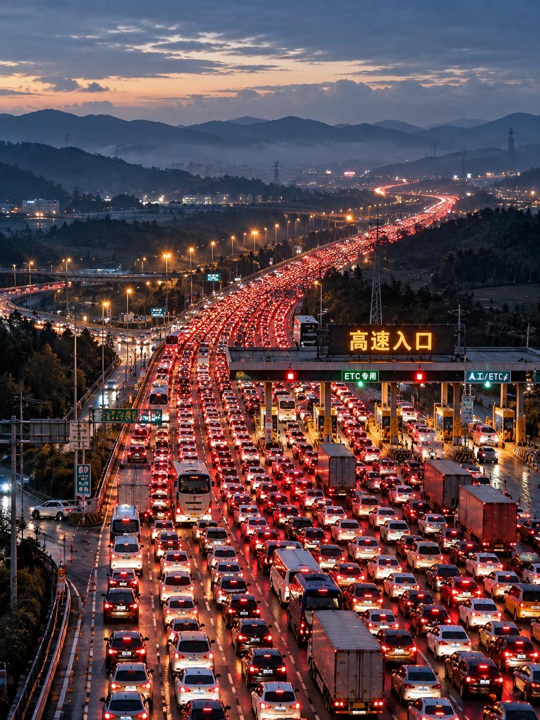 凌晨四点，我发动了车。想着这回总能躲开大部队了吧？手机导航一打开，傻眼了——