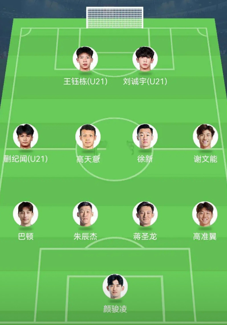 国足东亚杯首发阵容，应该是这个没错了。前锋线方面，两名小将王钰栋跟刘诚宇搭档，