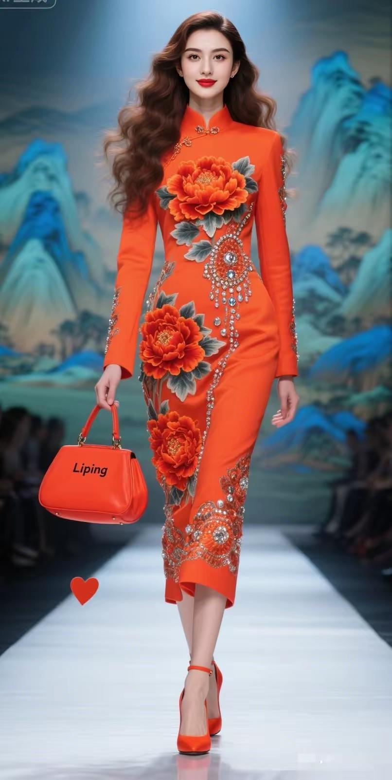 旗袍美人红衣美眷步如绸，艳影翩跹映岭丘。恰似花枝添秀色，旗袍惊艳画中留。