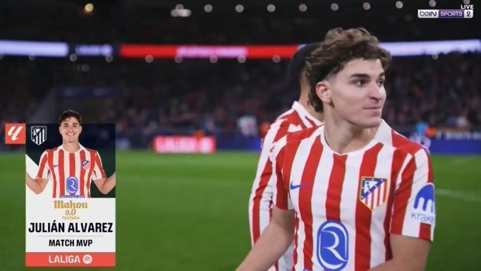 0球0助攻但送出6关键传球! 西甲官方: 阿尔瓦雷斯当选本场MVP