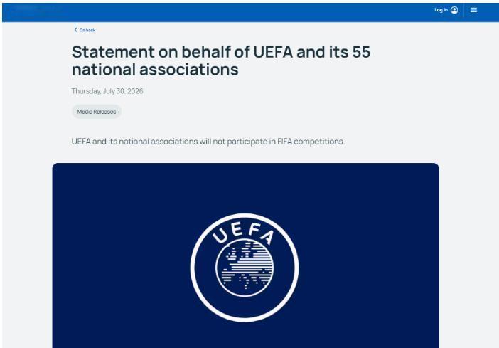 突发。欧足联旗下所有国家将抵制2030年世界杯，欧足联成员国决定抵制国际足联