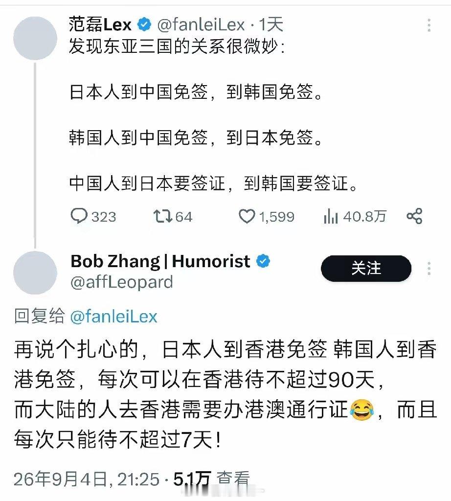 补充一下，中国人到中国香港可以签注停留7天，韩国人到中国香港可以免签停留90天，