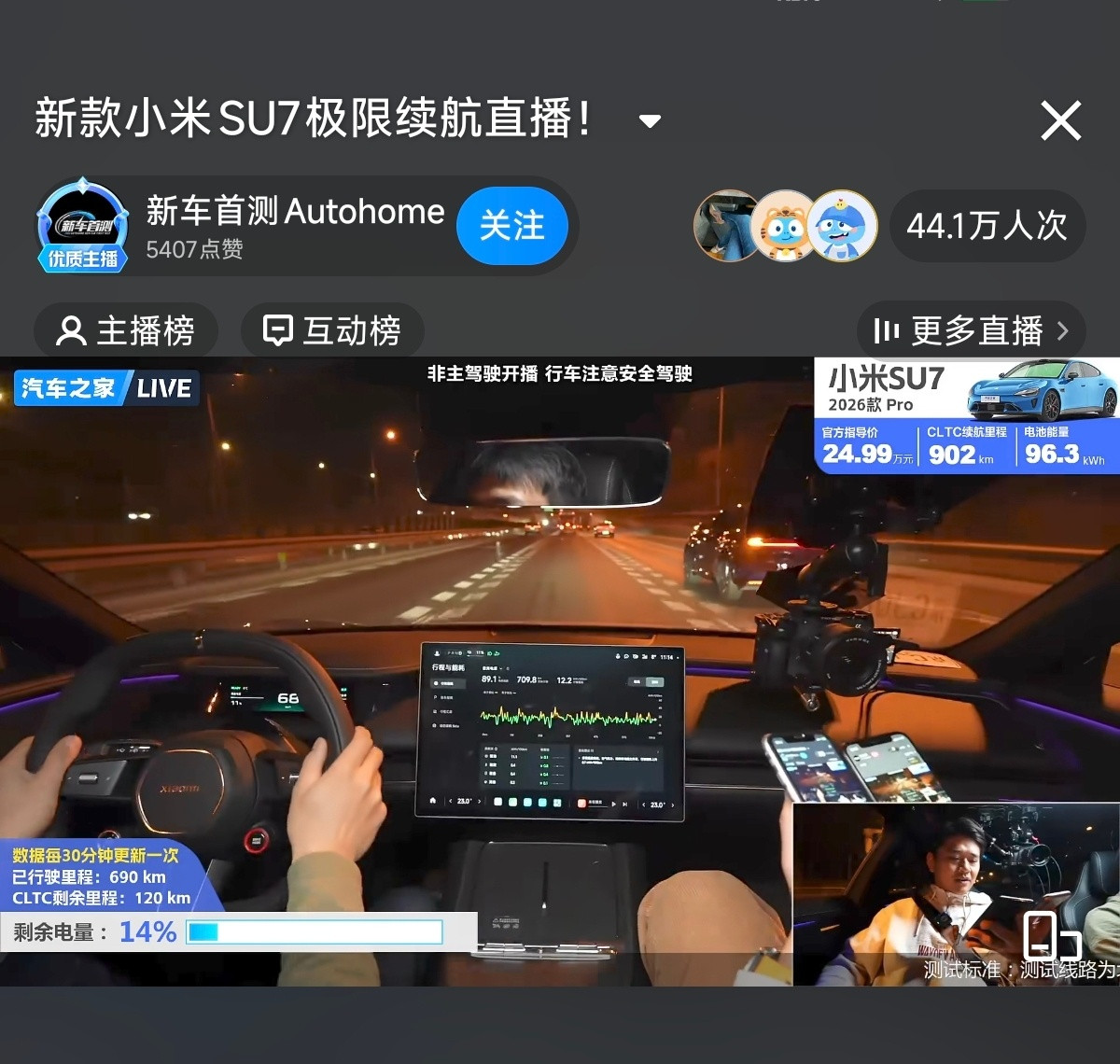 汽车之家在测新一代小米SU7Pro续航，目前，已行驶690km，CLTC续航剩