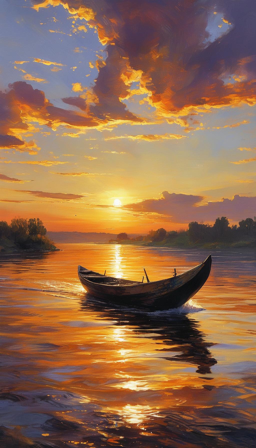 上联：孤舟微荡入画中下联：残阳斜照半江红宁静的江面，一只孤独的小舟轻轻摇曳，