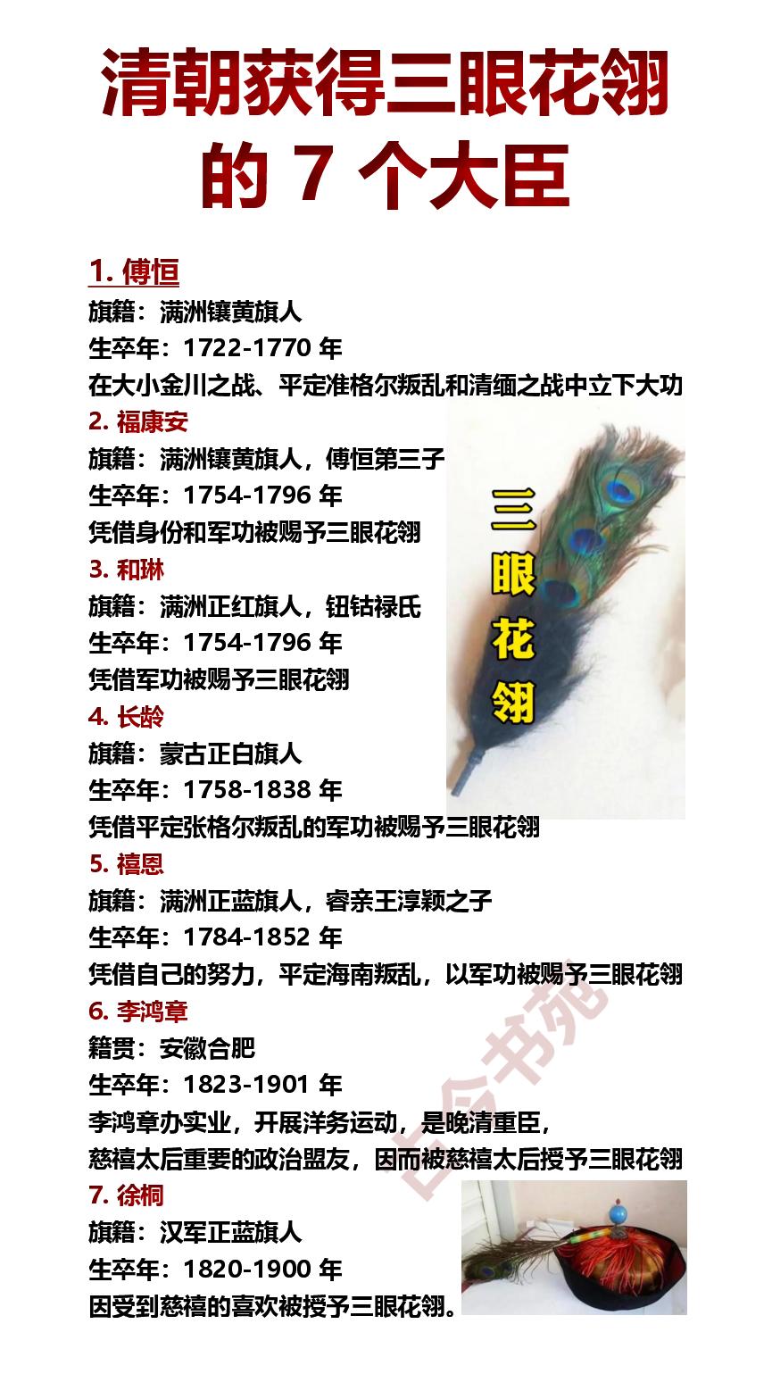 清朝获赐三眼花翎的7位大臣三眼花翎，清朝官员的最高荣誉。清朝初期只有皇室人员