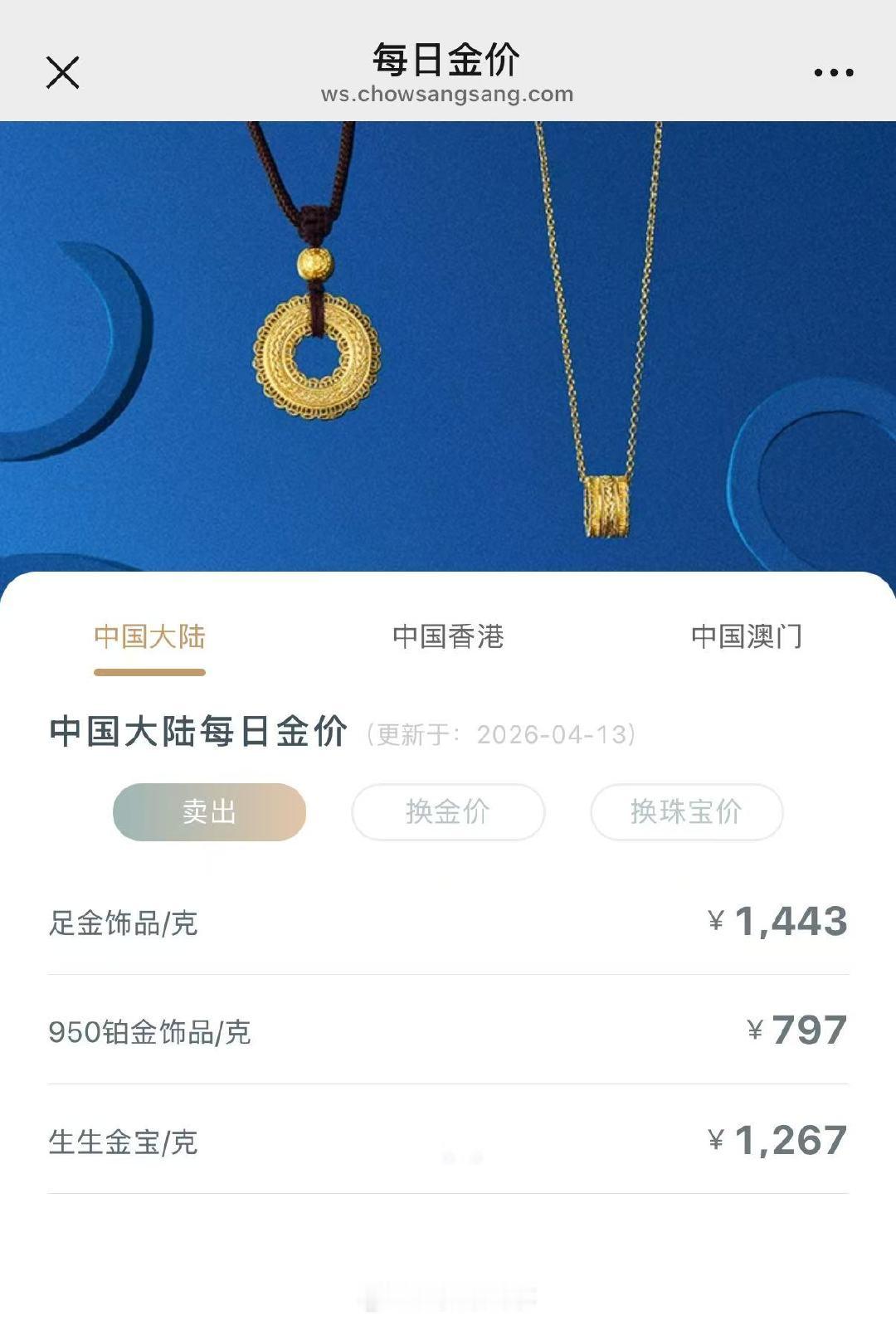 【金饰价格跌至1443元】金饰价格一夜跌了11元4月13日，黄金、白银大跌，截至