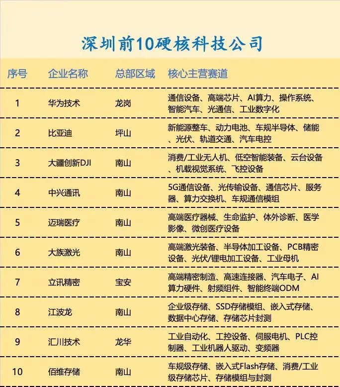 深圳前10硬核科技公司。华为，比亚迪，大疆，中兴，迈瑞；大族，立讯，江波龙，汇川