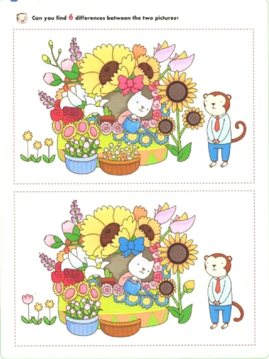 找不同挑战：向日葵、小猴、小花…这图的差异太会藏了！你能10秒发现3处算我输！