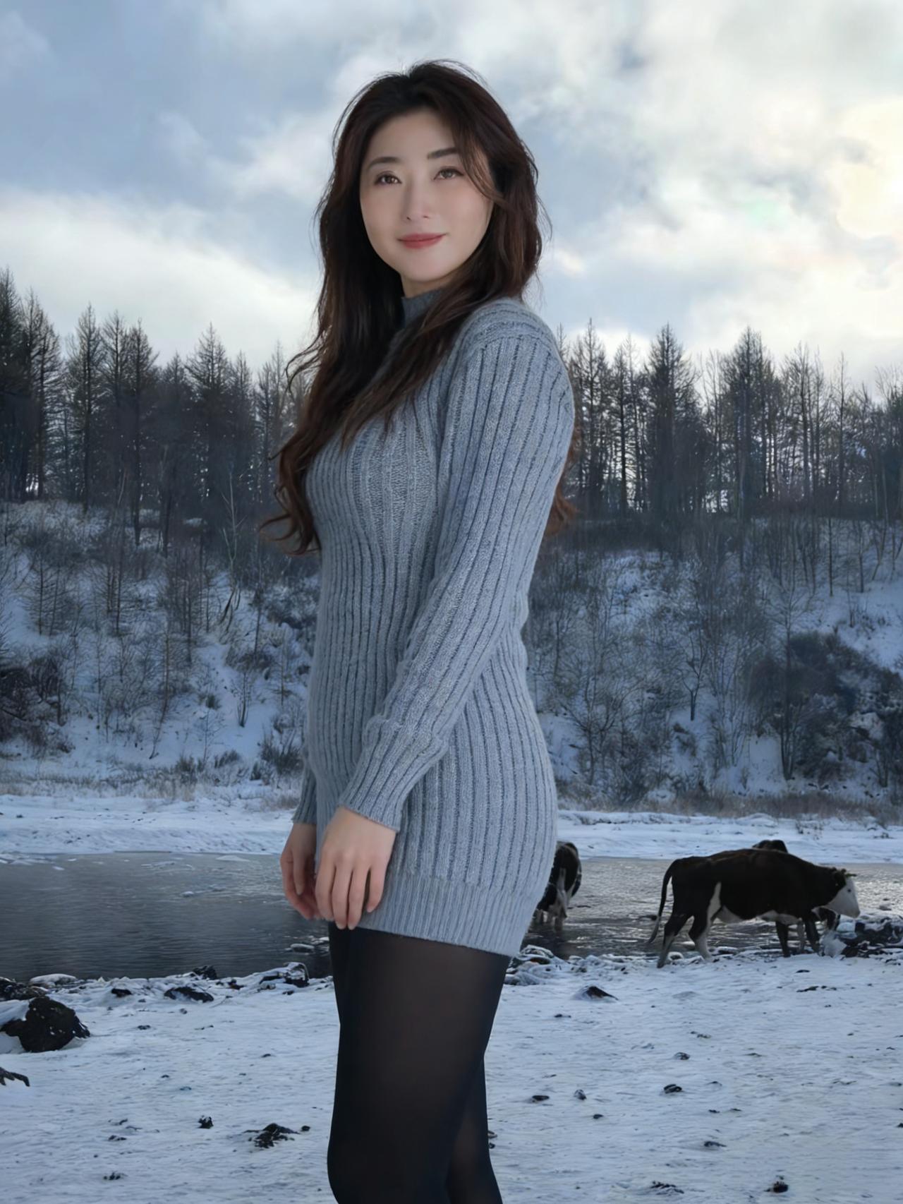 雪野茫茫，她是唯一的色块灰毛衣裹着的，是孤独的形状长发垂落，像墨汁滴进雪堆