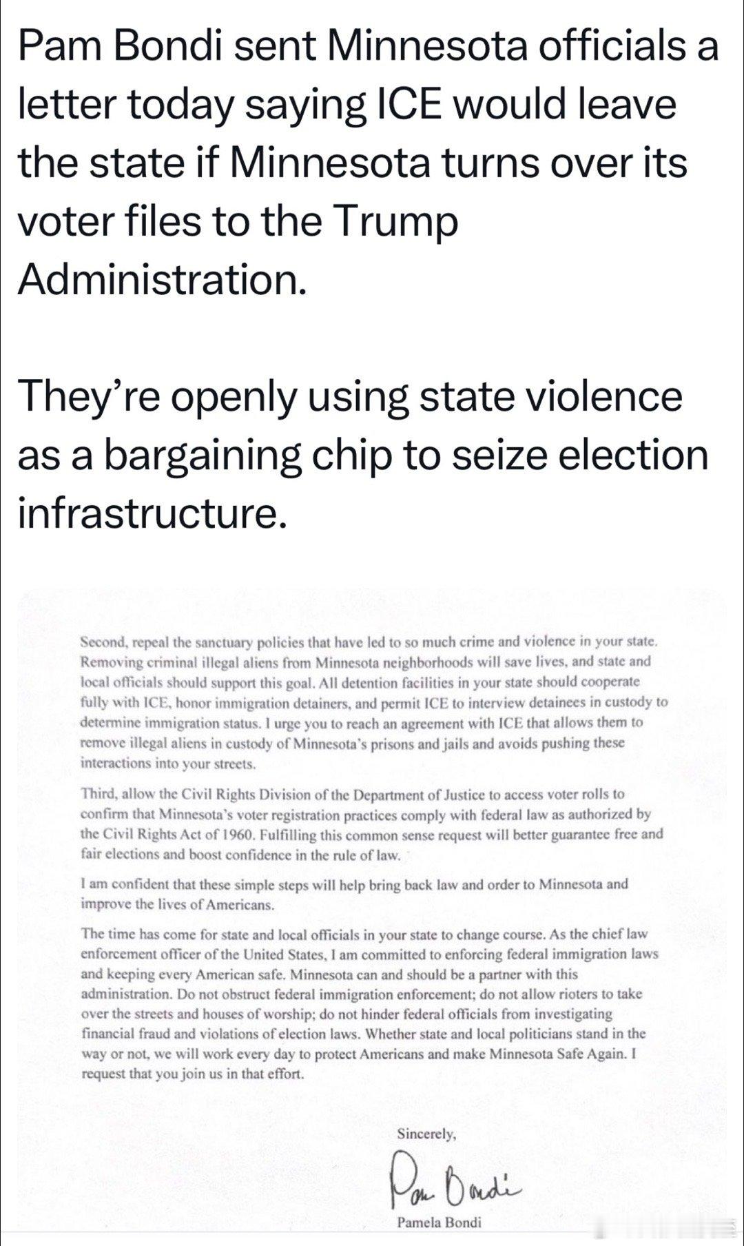 司法部长致信明州：ICE可以离开，前提是州政府向联邦交出选民信息💻民主党参议员