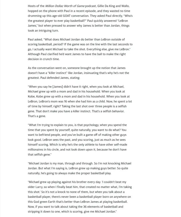 詹姆斯经纪人里奇-保罗：乔丹和科比父母双全，所以他俩基因里就是自私的，詹姆斯单亲