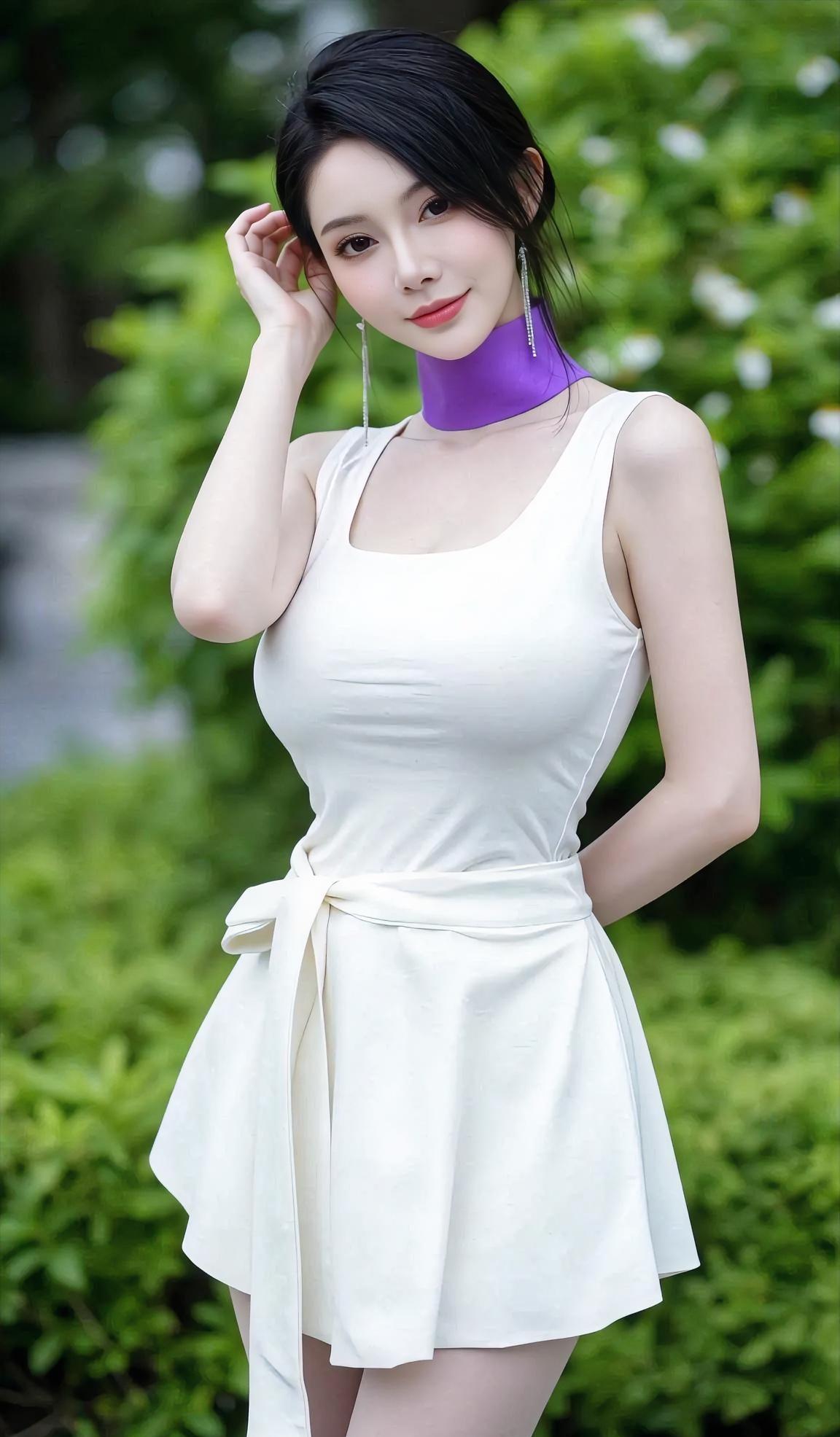 白衣轻盈，在绿意中舞动，一抹紫意，点亮了颈间的梦。指尖轻触耳畔，笑意盈盈
