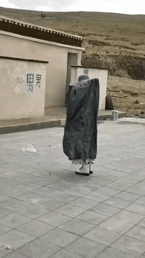 西藏厕所前发生的一幕。明明这人已经到了厕所门口就是不进去，自己整了个移动厕所