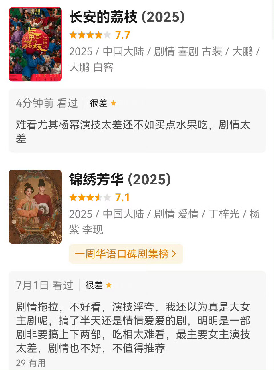 丽粉给其他演员的作品都打了一分。​​​