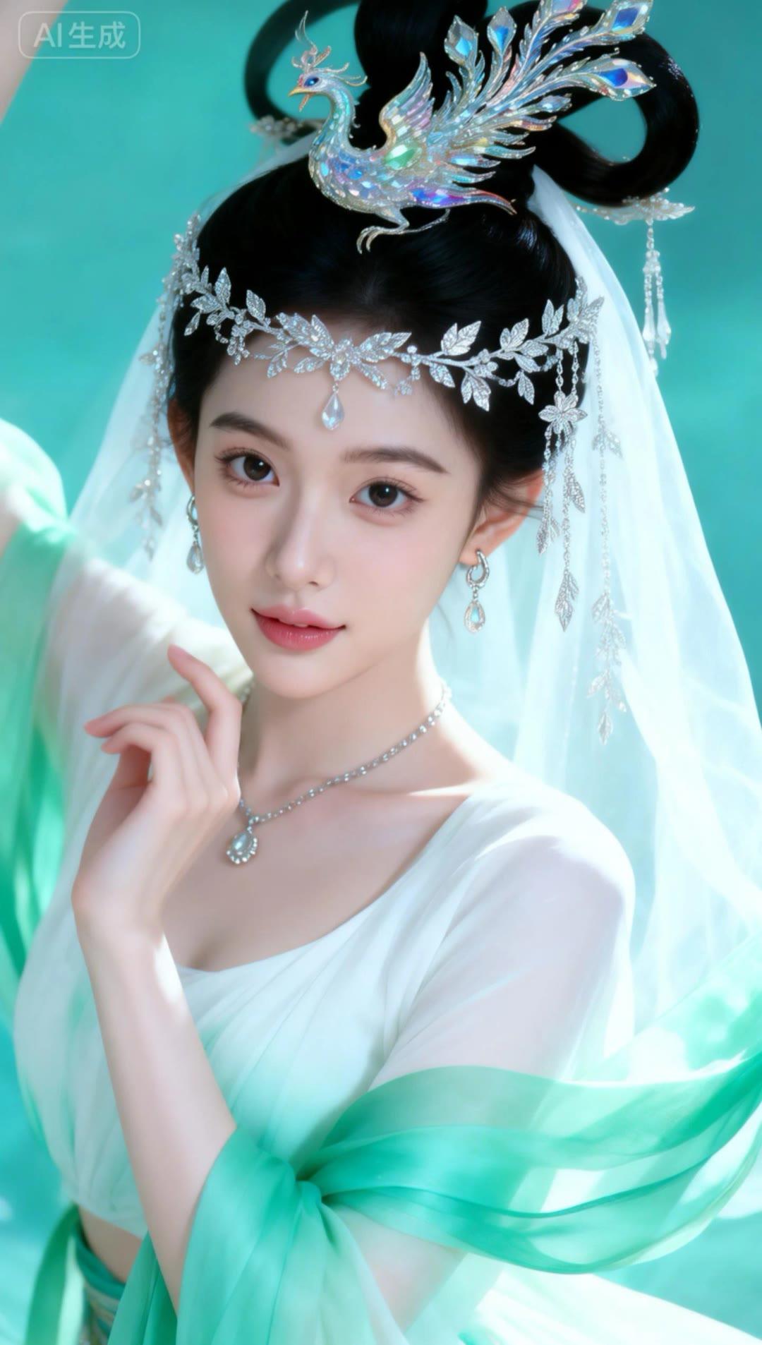 仙气飘飘的汉服美人，头戴孔雀发饰，清新脱俗！