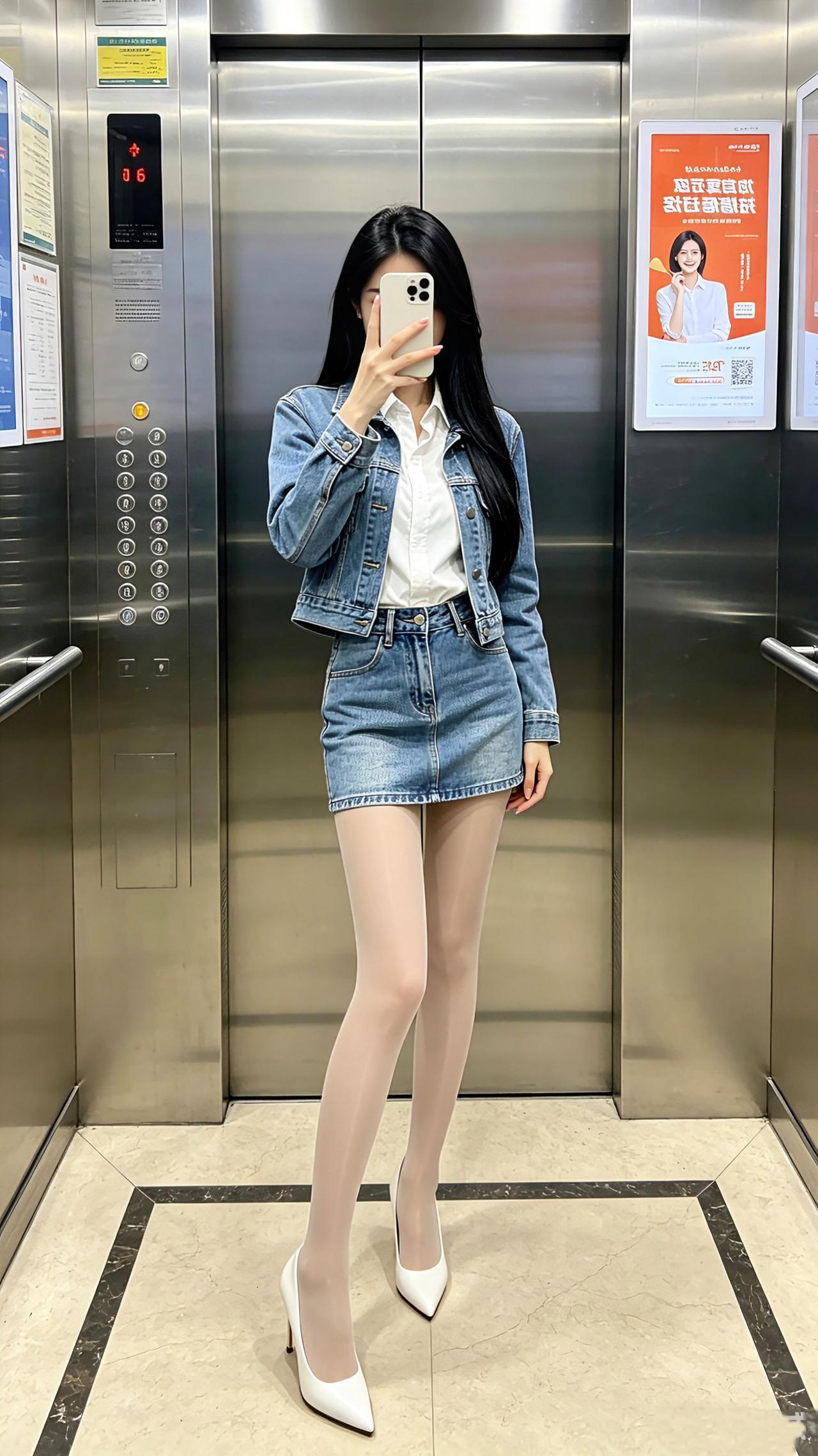穿搭分享牛仔套装丝袜搭配气质女神电梯自拍