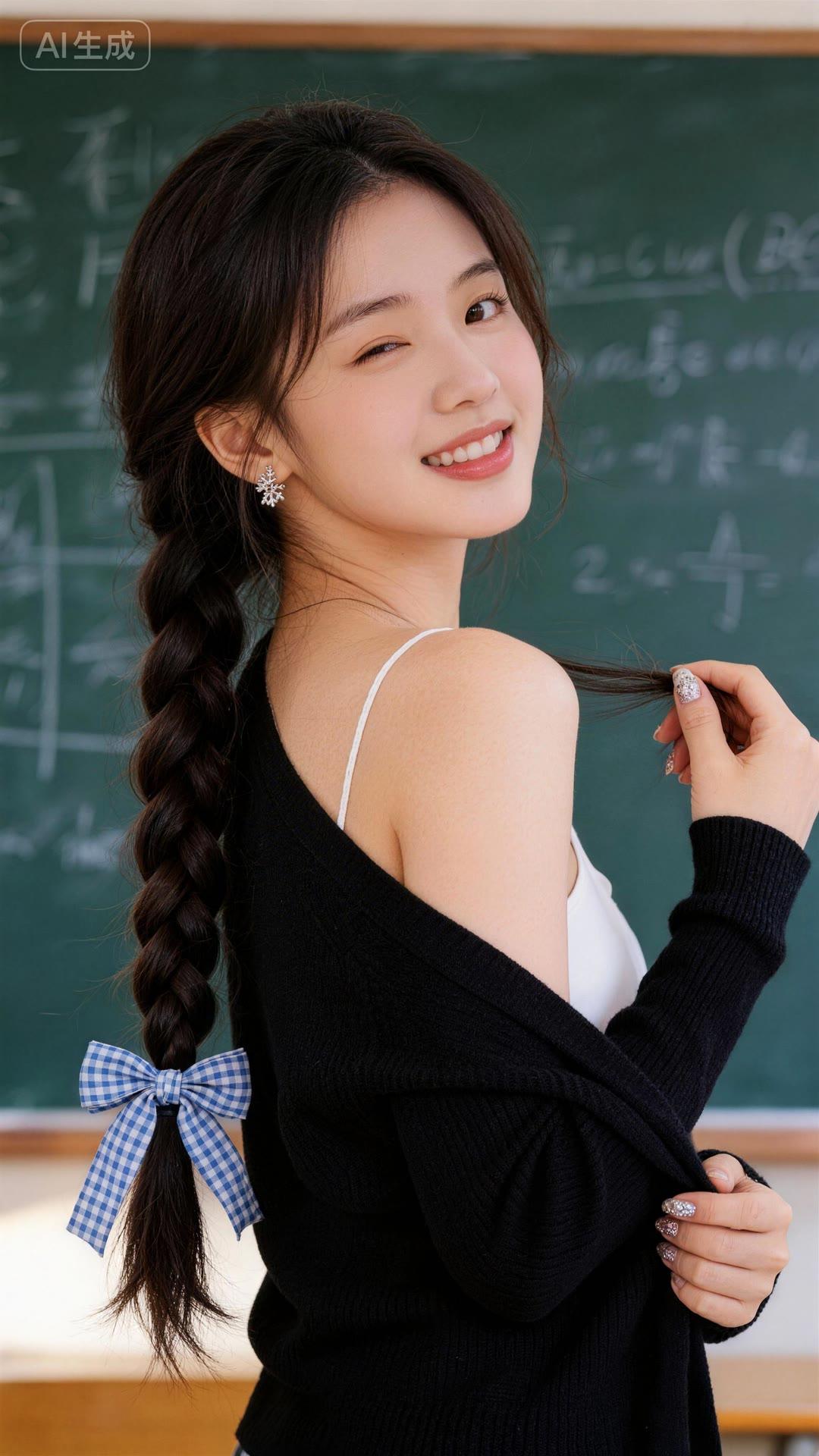 元气少女在教室里，微笑着玩弄头发，青春洋溢！😊📚✨