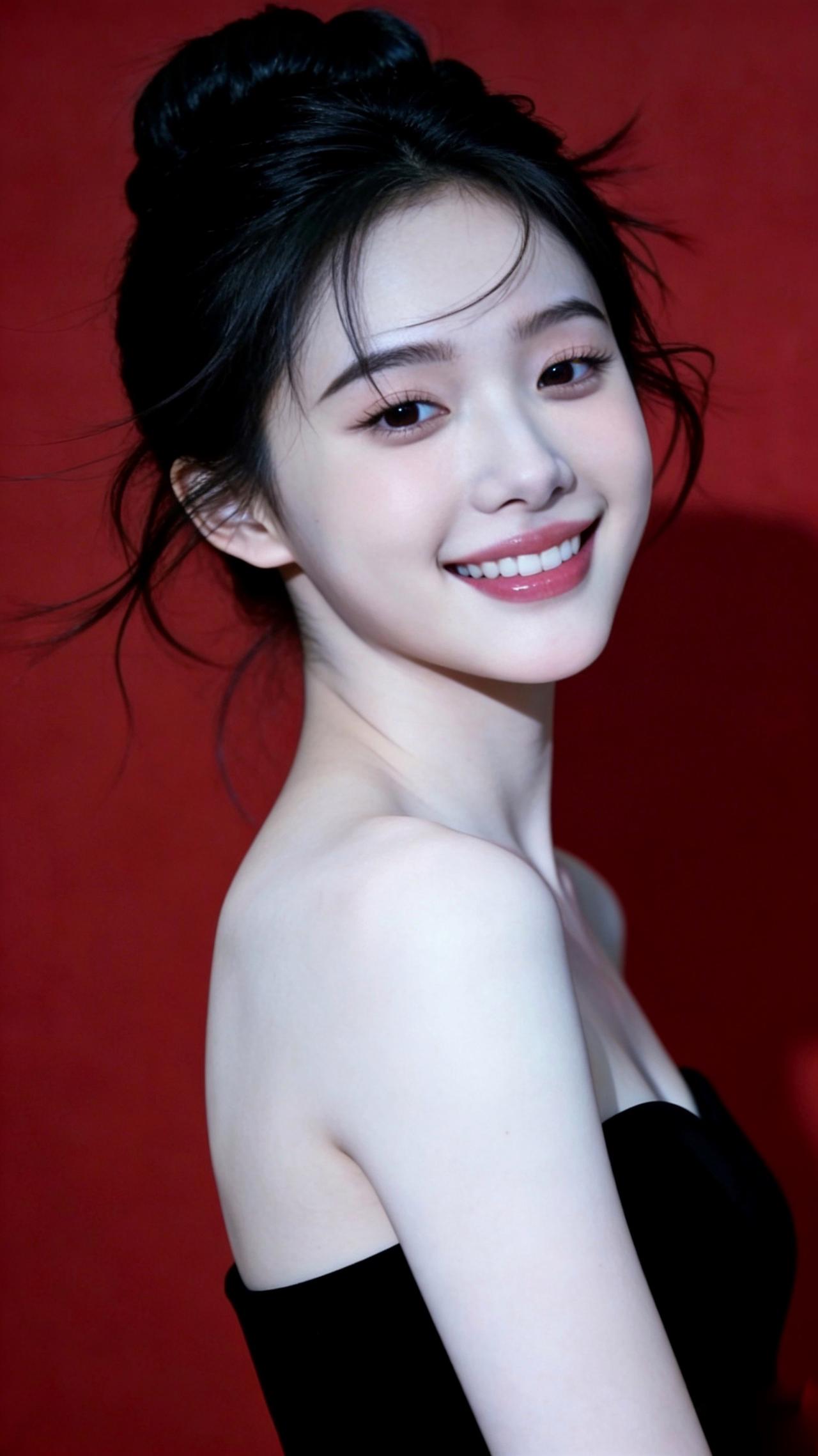 九帧红黑撞色画卷！高盘发碎发俏，黑抹胸衬肩颈如诗。柔光吻过肌肤，勾出眉眼含笑轮廓