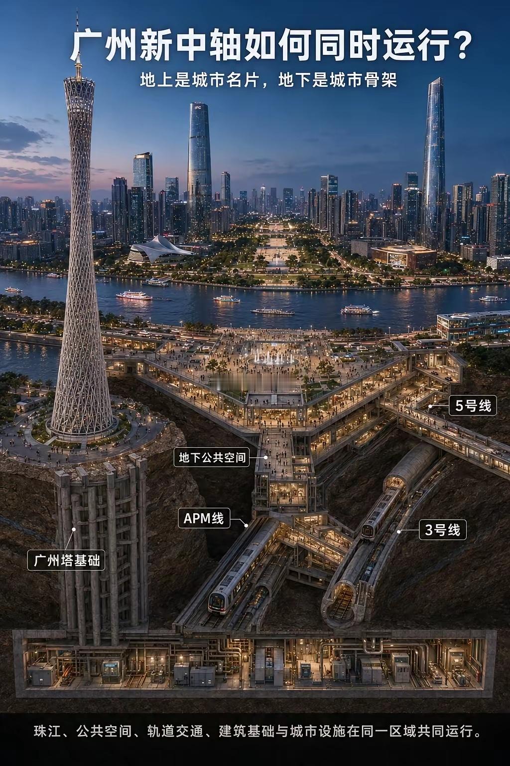 如果把广州塔与珠江新城切开广州塔矗立珠江南岸，对岸是花城广场与珠江新城天际线。当