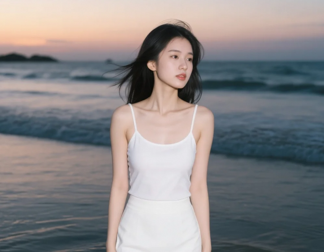 海滩上的温柔身影，白裙与落日共舞