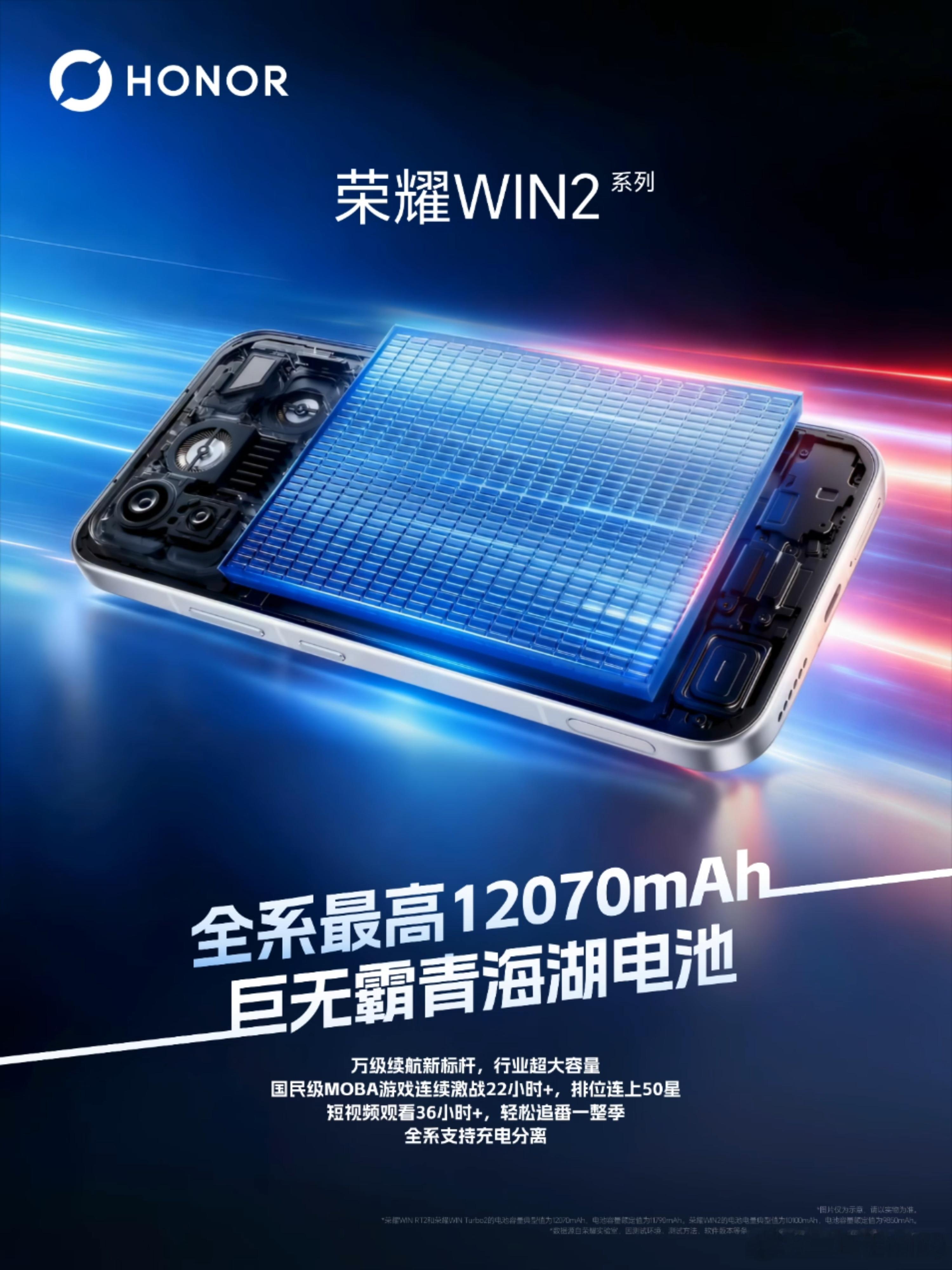 荣耀WIN2续航参数曝光，WIN2配备最高12070mAh青海湖电池，容量看着相
