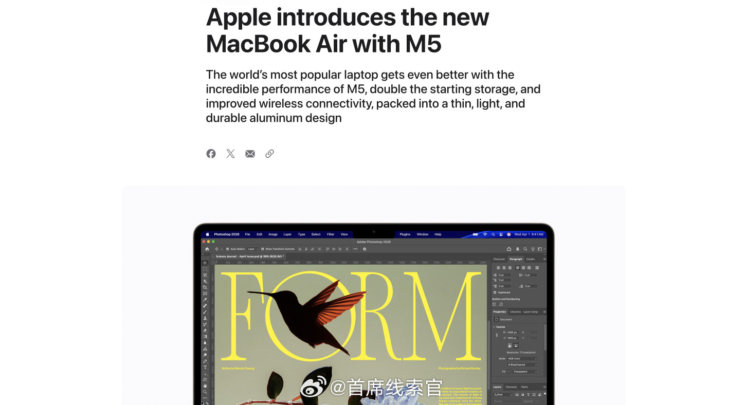 苹果发布了搭载M5芯片的MacbookAir。它的一些重点配置：-M5