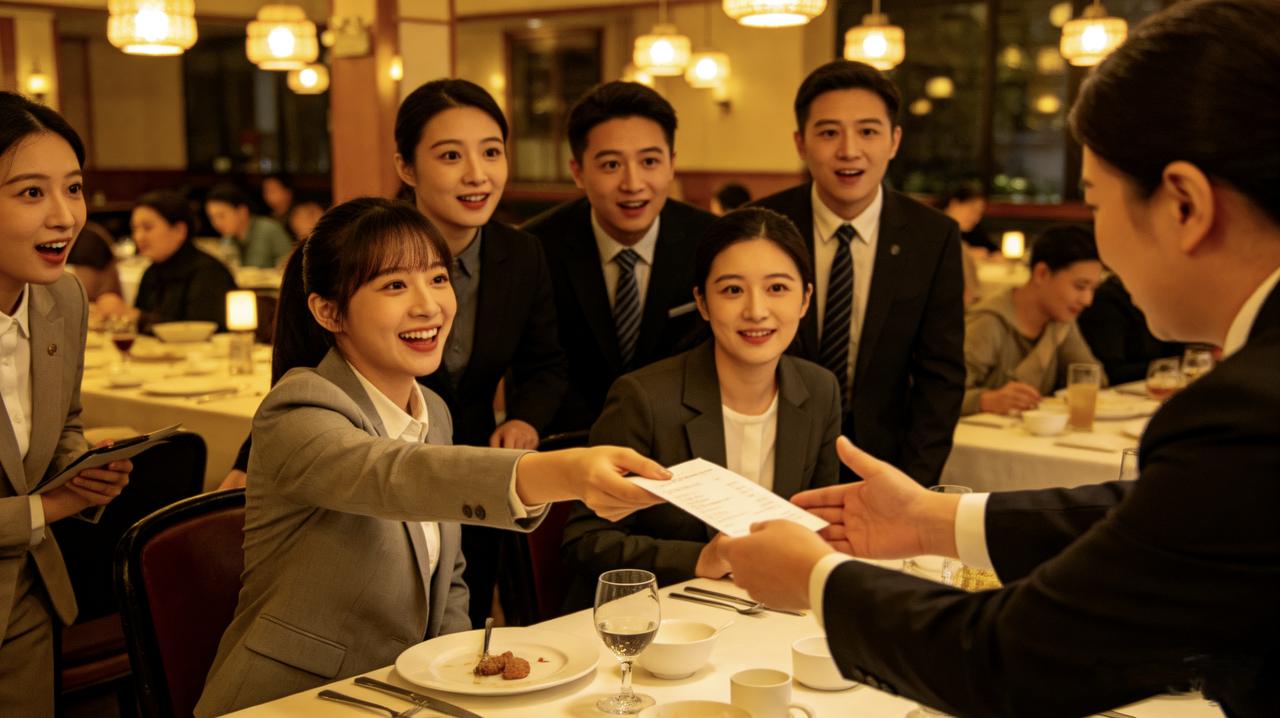 部门聚餐，新来的小姑娘抢着买单。组长说别别，让老员工来。小姑娘说没事，我请各