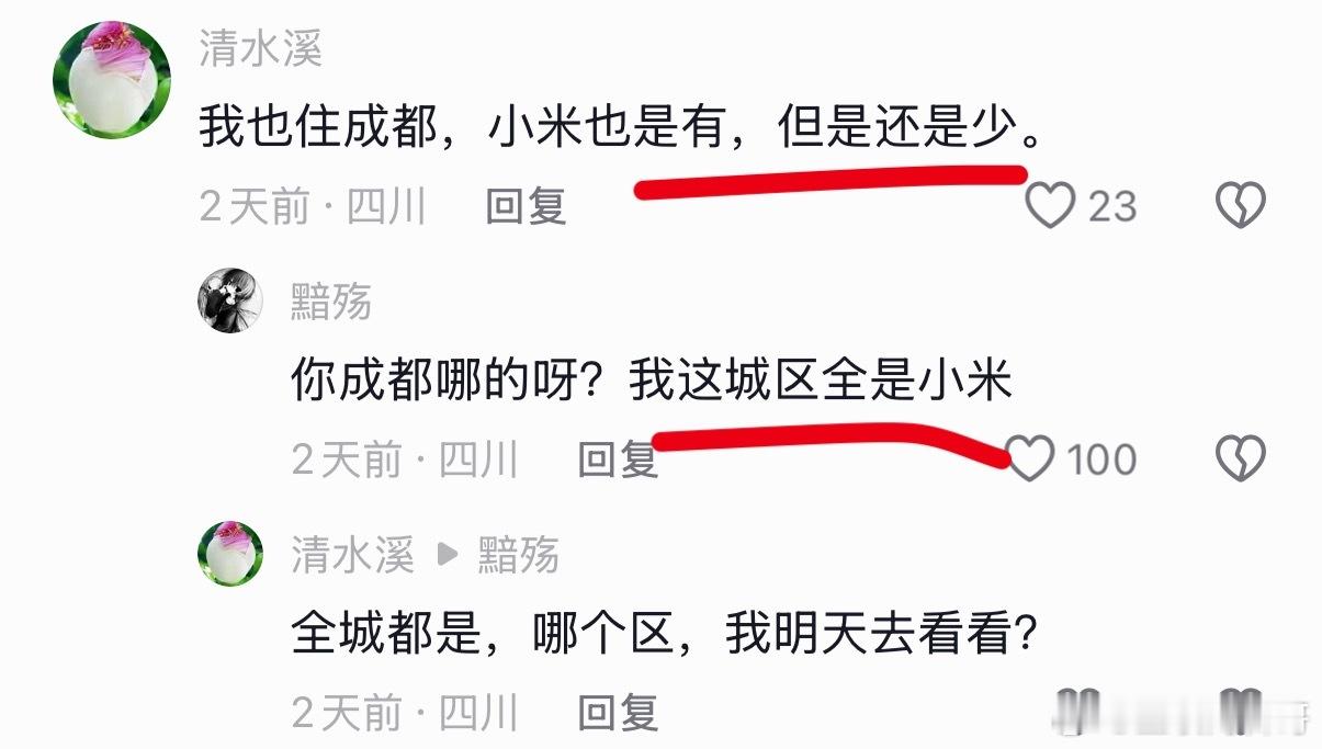 小米汽车的可见度之谜。同样都在成都，一个小米很少，一个全是小米。到底谁说的是真的