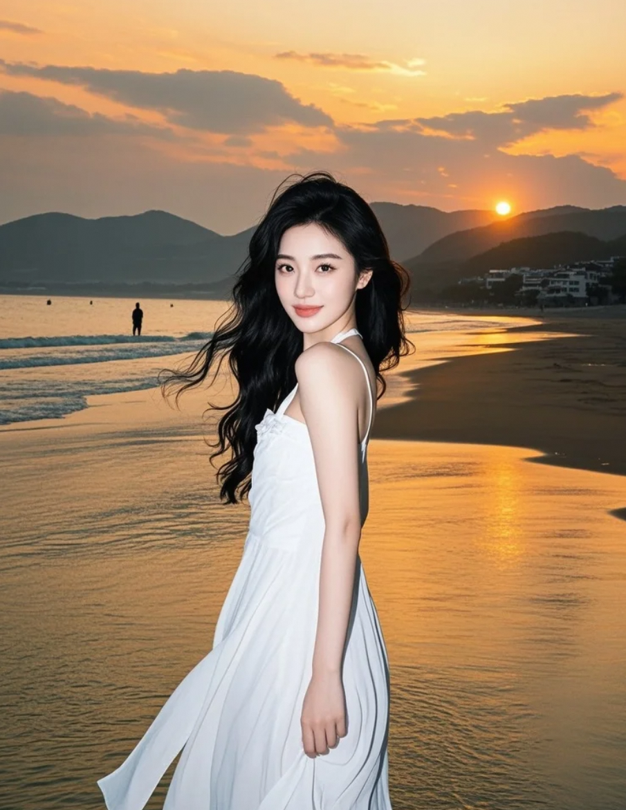 沙滩剪影：长发女神迎着晚风，优雅姿态尽显巨星风范