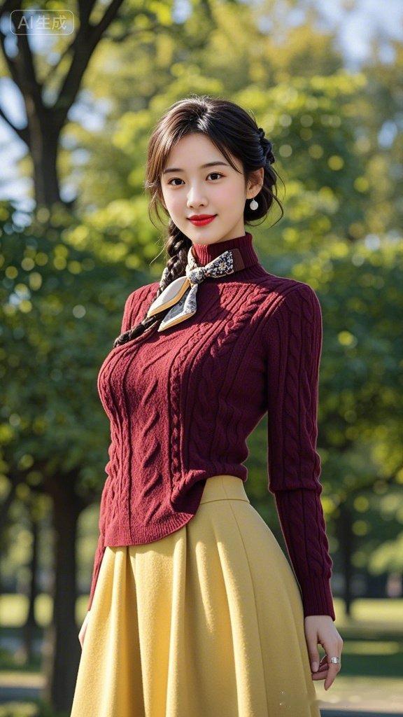 秋日穿搭指南：酒红色毛衣+黄色百褶裙，甜美又优雅！