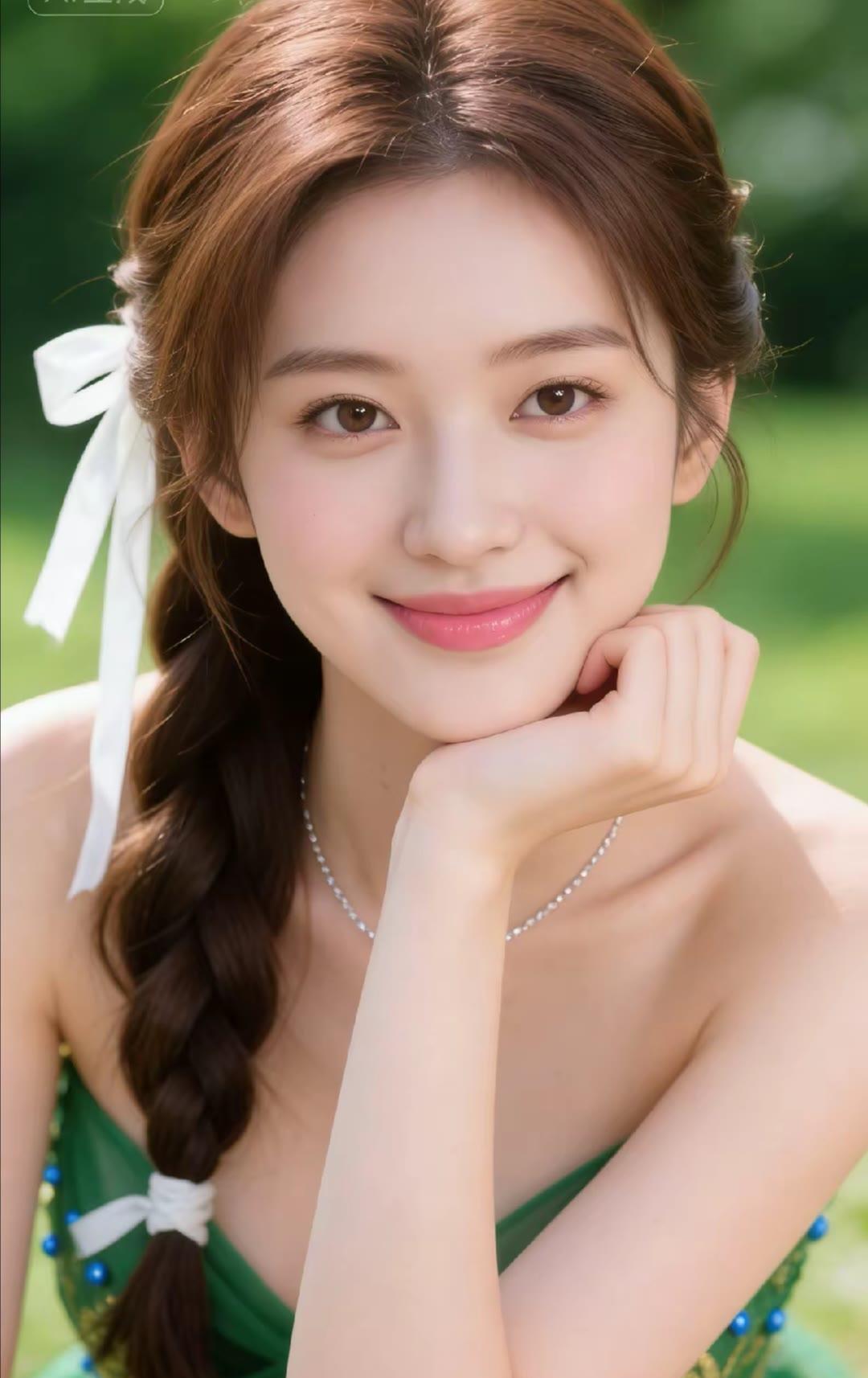 夏日清新少女，绿意盎然背景，甜美笑容，自然妆容，优雅发型，清新自然，少女心满满。