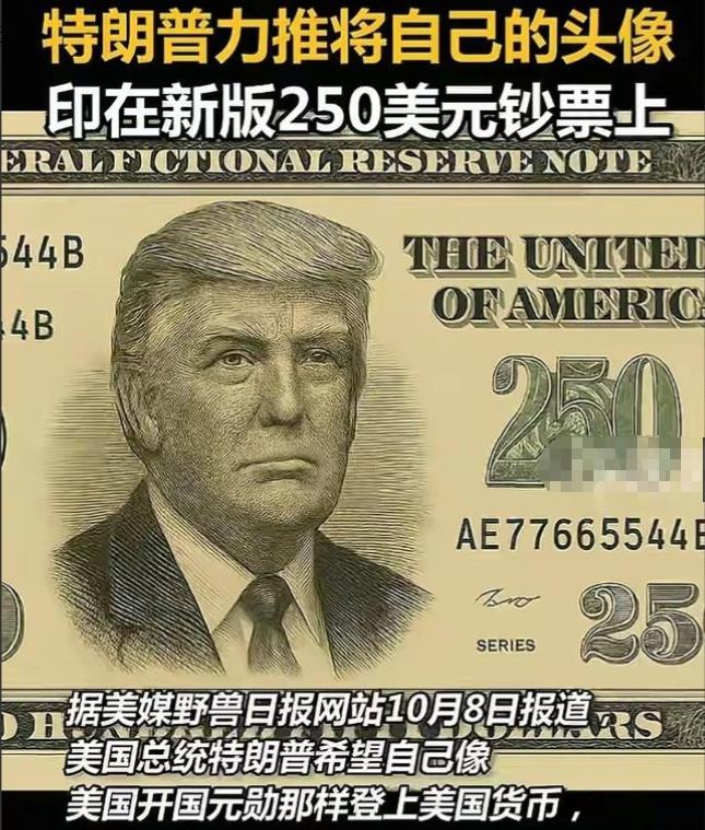 美国历史上第一位“250”总统即将诞生，就是当今美国总统特朗普，他要求在钞票上印