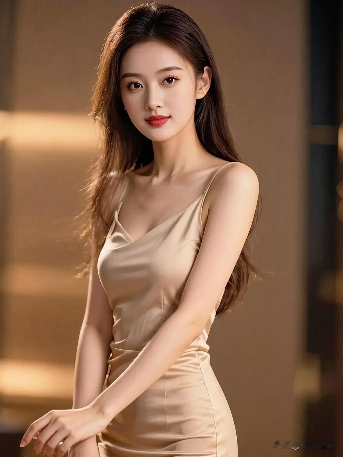 香槟缎影裹柔肩，红唇一抹胜春光红唇美人照红唇礼服
