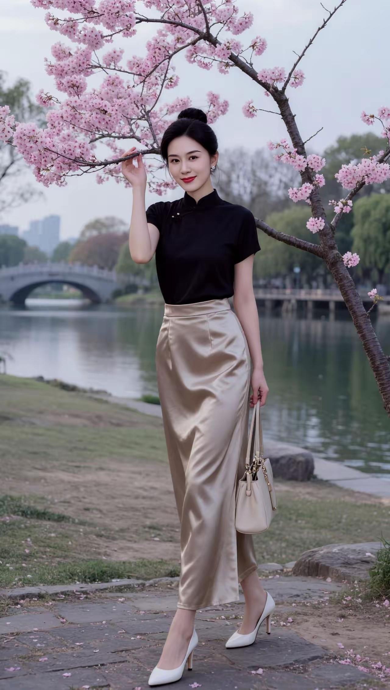 樱花树下，优雅黑裙与金色长裙的完美搭配，尽显东方韵味。