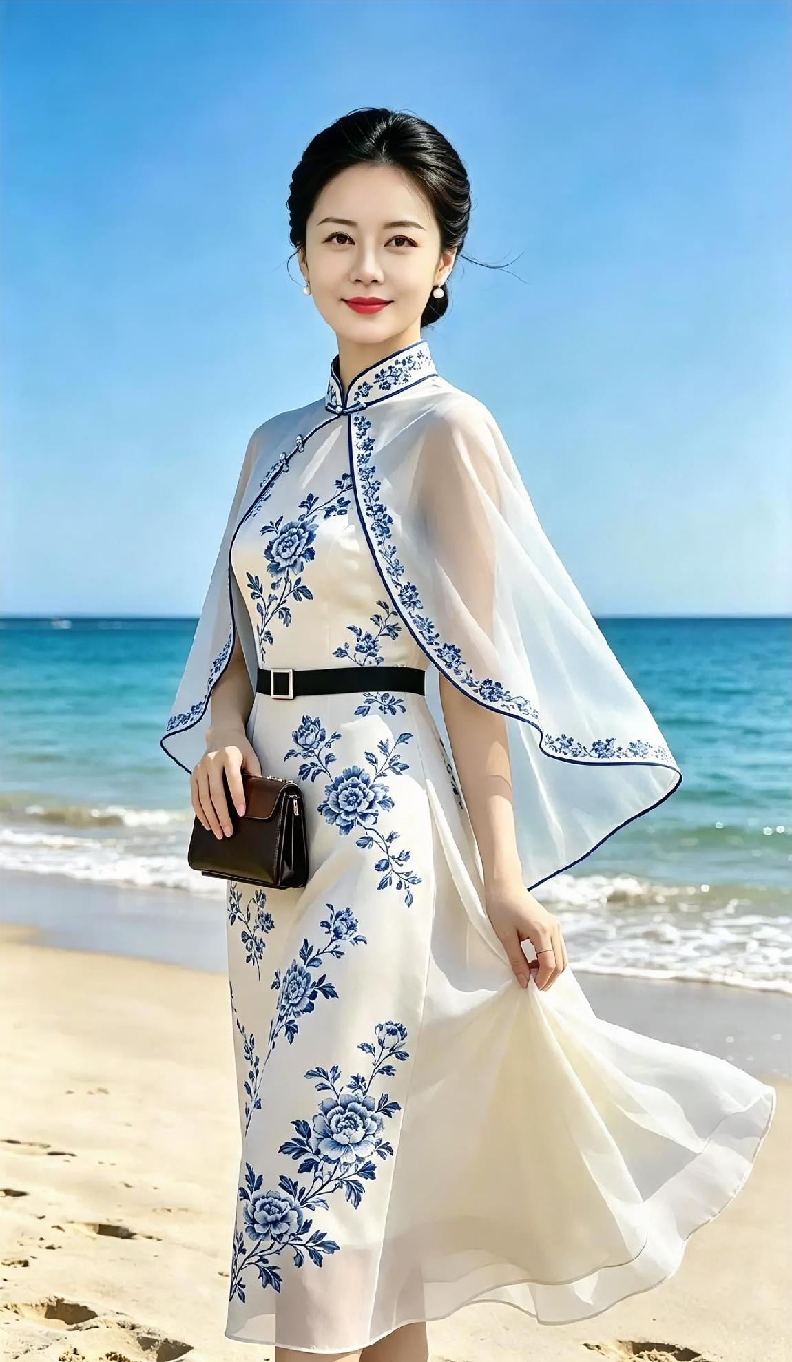 海风一吹，青花便活了过来。白裙拂浪，蓝蕊轻开。披纱载阳，笑意徐来。沙