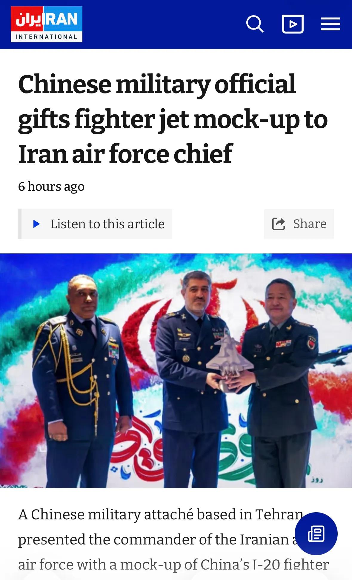 据伊朗媒体报道，本周二，一名驻德黑兰的中国武官向伊朗陆军空军指挥官Behmard