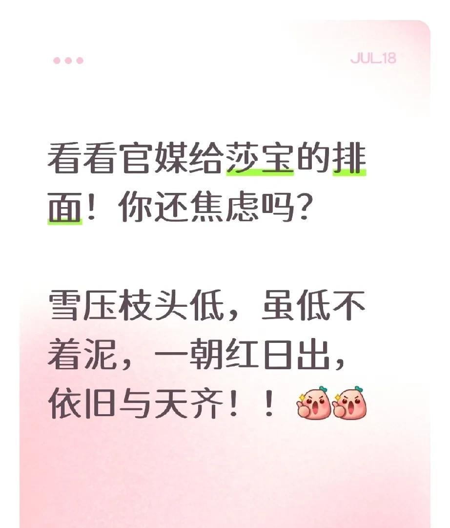 看看官媒给莎宝的排面！你还焦虑吗？雪压枝头低，虽低不着泥，一朝红日出，依旧与天