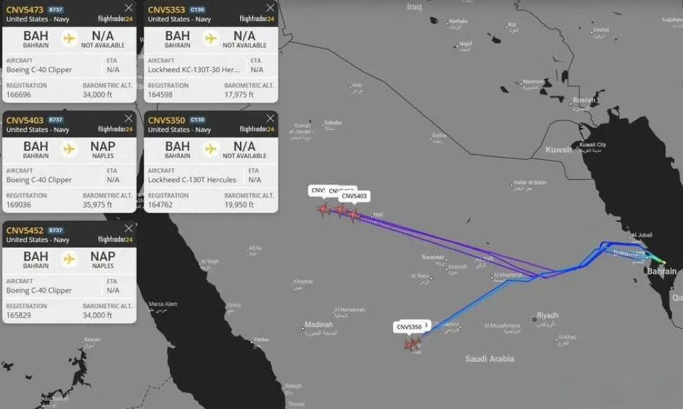 4架美军C-40（军用版波音737-700）和1架C-130T从巴林起飞，飞越沙