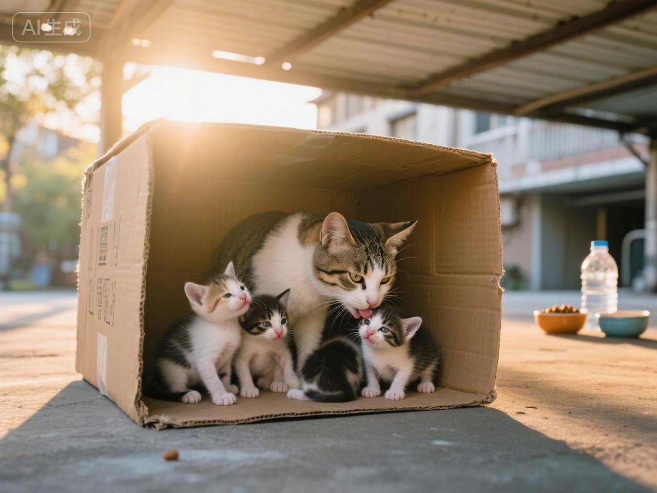 今早出门时，发现一只常喂的流浪猫在楼下车棚的旧纸箱里生了四只小猫……我新发布