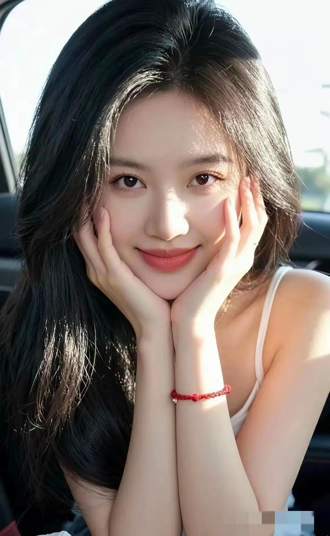 阳光下的甜美少女，红绳手链点缀，微笑动人！🌞💖✨