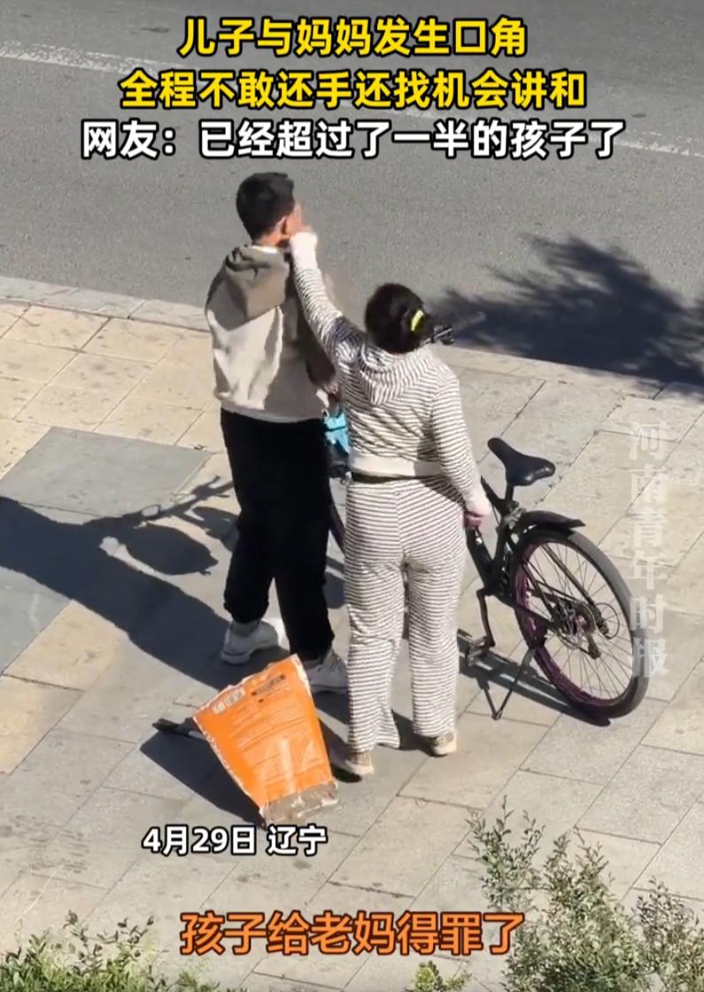 辽宁，街头上一对母子起了争执。妈妈脾气一点就着，对着儿子又骂又推，连眼镜都给打飞