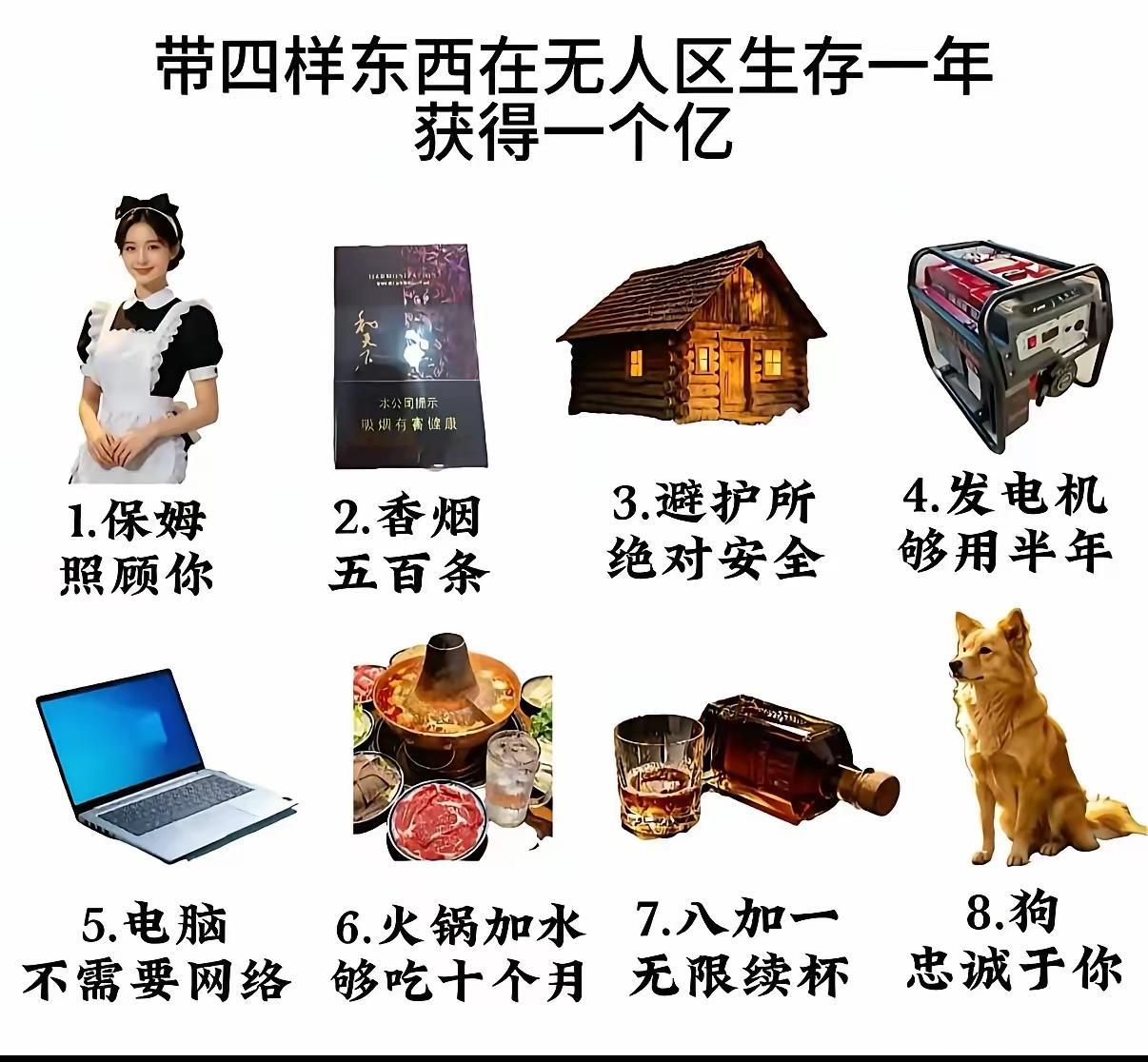 无人区生存一年换一个亿，你会选哪四样？